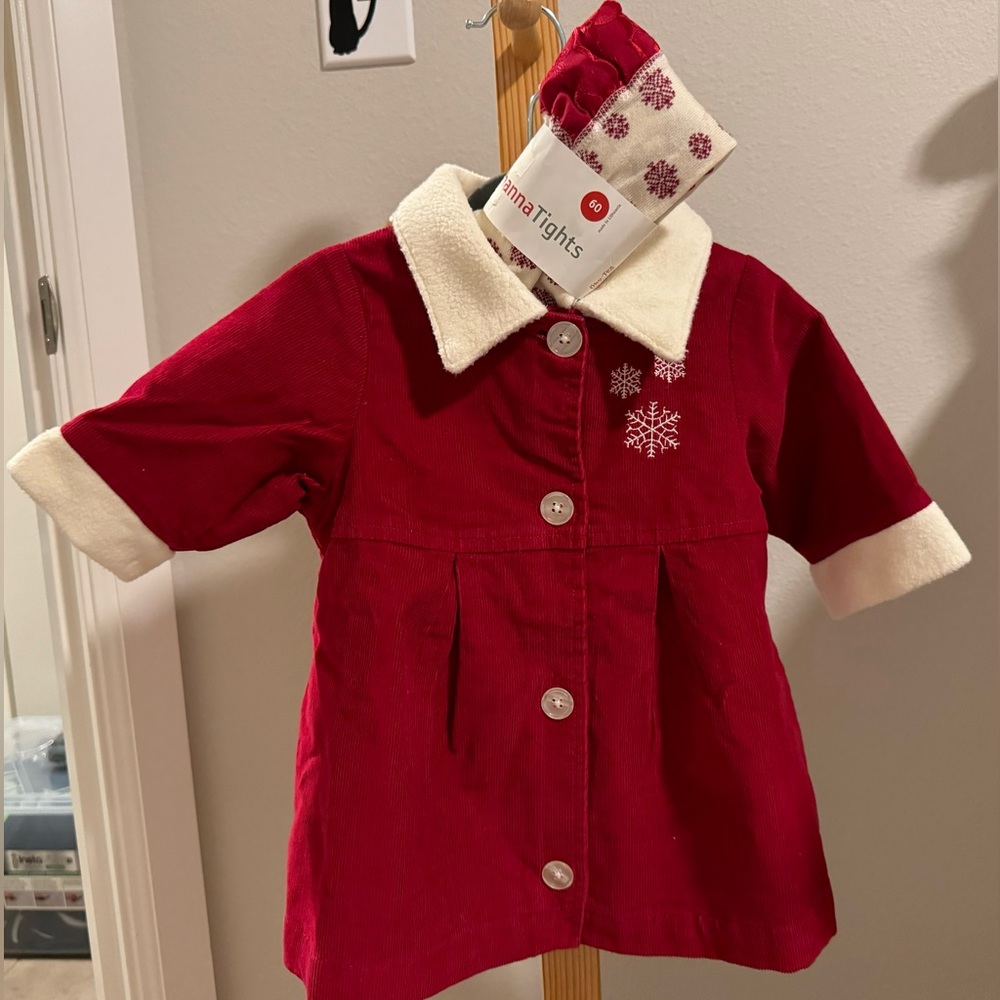 NWT Hanna Anderson Red Corduroy Snowflake Coat with Tights, Size 60 (3-6 Months)